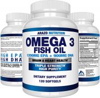 Omega 3 Fish Oil 2250mg - High EPA 1200MG + DHA 900MG Triple Strength Burpless Capsules - Arazo Nutrition (120 Count)